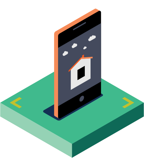 Buntes Piktogramm von einem Smartphone, auf dem ein Haus zu sehen ist.